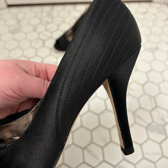 BCBG Black Satin Peep-Toe Pumps, Sz 7.5 - Picture 5 of 9